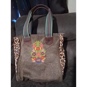 Consuela Brown Floral Embroidered Animal Print Tote Double Handle Lined Bag Boho
